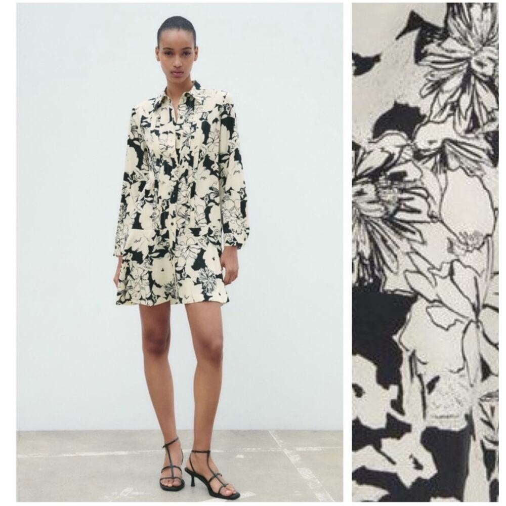 Zara Ecru and Black Floral Printed Mini Shirt Dress Size M